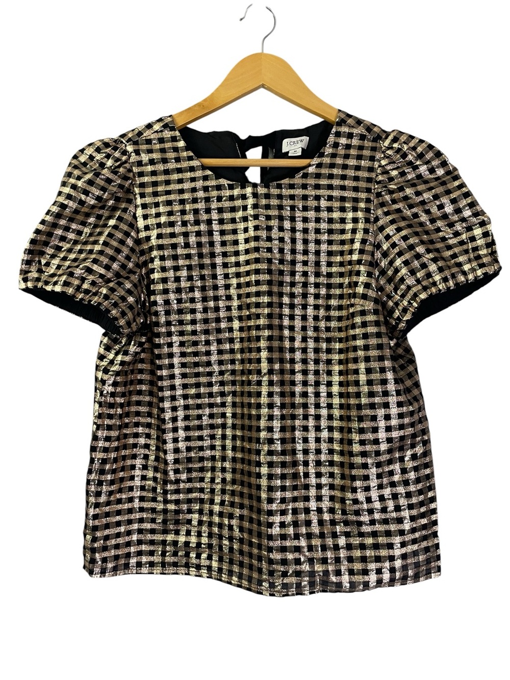 J Crew Factory Lurex Metallic Threads Puff-Sleeve Top Gold Plaid Checked Black
